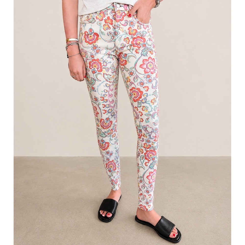 Anthropologie Pilcro Floral Print Jeans White Pink Sz 31 Slim Leg Stretch